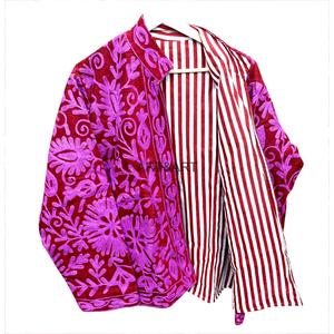 Veste élégante en velours côtelé rouge avec broderie florale violette, col et manches longues, vêtements d'extérieur pour femmes, automne - Product Image 5