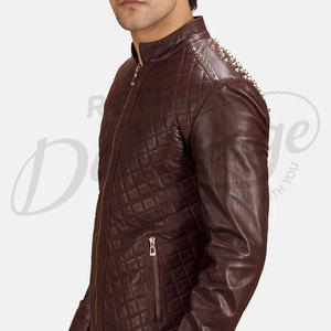 Chaqueta de Cuero Genuino Borgoña Premium para Hombre, Acolchada, Corte Ajustado, Estilo Biker, Cuello Alto, Prenda Exterior Casual y Elegante - Product Image 2