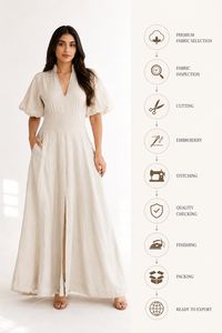 Linen <b>Dress</b> Women Summer V Neck Puff Sleeve Maxi <b>Dresses</b> Elegant Casual Pleated Waist Solid Color <b>Long</b> <b>Dress</b> With Pockets - Product Image 2
