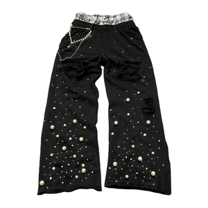 Custom High Waist Black Wide Leg Pants With Pearl Decoration Ripped Distressed Street Style Men's Trousers <b>Elastic</b> Waist By SHY - Product Image 1