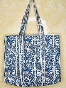 Boho Handmade Quilted Striped Fashion <b>Tote</b> Bag Cotton Blue Large Shoulder Shopping Bag Reusable <b>Travel</b> Beach Carryall - Product Image 6