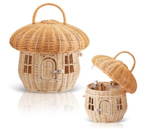 Handmade Rattan Mushroom House <b>Storage</b> <b>Basket</b> with Lid and Carry Handle Woven <b>Toy</b> <b>Basket</b> for Nursery Bedroom and Playroom Decor - Product Image 5
