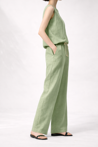 Nouvel ensemble décontracté en coton et lin pour l'été – Haut sans manches et pantalon large – Ensemble tendance pour femme – Motif uni – Automne – ODM - Product Image 3