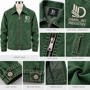 Chaqueta de Mezclilla Verde para Hombre, Cierre de Cremallera Frontal, Bordado, Casual, Otoño, Corte Regular, Tejido de Poliéster - Product Image 6