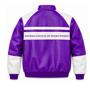 Custom NCNW Council women Leather <b>jacket</b> purple & <b>white</b> Embroidered logo Casual Style for female with polyester lining - Product Image 3