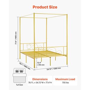 Letto a Baldacchino Minimalista in Metallo con Quattro Montanti, Design a Baldacchino, Misura Full, Supporto Robusto con Doghe in Acciaio, Testiera a Baldacchino Resistente - Product Image 2