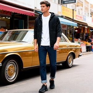 Vente en gros – Blouson à capuche unisexe Y2K à fermeture éclair, orné de strass effet éclaboussures étoilées, en coton épais noir – Fabricant OEM - Product Image 4