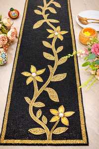 <b>Black</b> Gold Embroidered Floral Table <b>Runner</b> Rectangle Fabric Mats Handmade Glam Design - Product Image 1