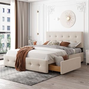 Letto matrimoniale imbottito beige con testiera classica in lino e 4 cassetti in MDF, stile morbido, non richiede rete a molle - Product Image 1