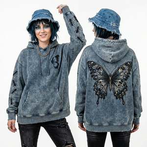 Sudadera con Capucha Azul Personalizada con Lavado Ácido para Mujer, Estampado Gráfico de Calavera y Nube de Tormenta, Estilo Oversize Vintage de Forro Polar - Product Image 5