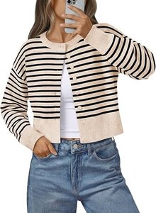 Cárdigan de Punto a Rayas Beige para Mujer, Manga Larga, Cuello Redondo, Suéter Informal de Otoño - Product Image 6