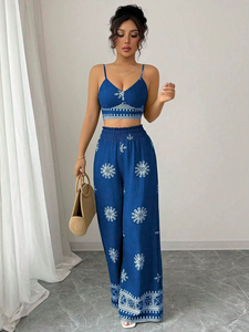 Conjunto de 2 Piezas de Verano para Mujer, Top Corto sin Mangas con Bordado y Pantalones, 100% Algodón - Product Image 3