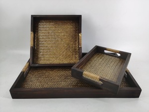 Juego de bandejas decorativas rectangulares de madera con incrustaciones de bambú y asas, estilo rústico, 2 piezas - Product Image 4