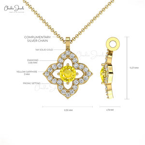 Pendentif floral délicat en or massif 14 carats avec saphir jaune taillé de 3 mm et diamant, collier personnalisé, vente en gros, provenant d'un fournisseur vérifié - Product Image 4