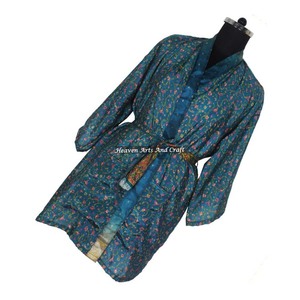 KS008 Hermoso Kimono Sari Vintage, Túnica Corta, Estampado Floral de Verano, Estilo Bohemio, Manga Larga, para Vacaciones - Product Image 6