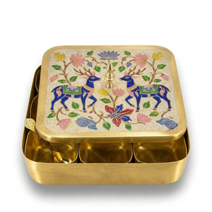 Handcrafted Brass <b>Masala</b> <b>Box</b> with Tiger Meenakari Art Decorative Spice Storage Container for Kitchen Dining Table Gift Use - Product Image 5