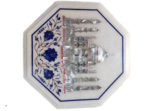 Plateau de table circulaire / Assiette décorative en agate sculptée à la main avec incrustation Taj Mahal, fournisseur indien (Origine Delhi) - Product Image 6