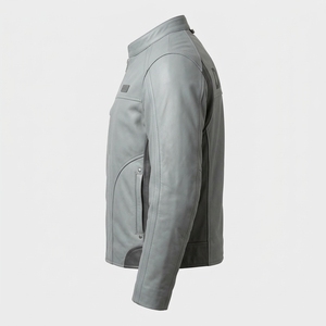 Factory Mens Slate Grey Leather <b>Cafe</b> <b>Racer</b> <b>Jacket</b> Chest Zip Pocket Contrast Side Panel Racing Sleeve Custom OEM Supplier - Product Image 4