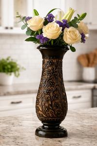 Embossed Floral Wooden <b>Vase</b>: Vintage Style Decorative Flower Holder - Product Image 6