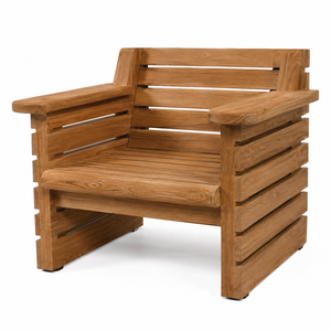 Fauteuil de jardin extérieur confortable et écologique en teck massif, imperméable, avec panneaux latéraux à lattes horizontales - Product Image 1