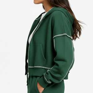 Sudadera con Capucha Verde para Mujer, Cierre de Cremallera, Color Sólido, Manga Larga, Informal, de Algodón Tejido, Transpirable, con Logotipo Estampado en la Parte Delantera, para Otoño - Product Image 5