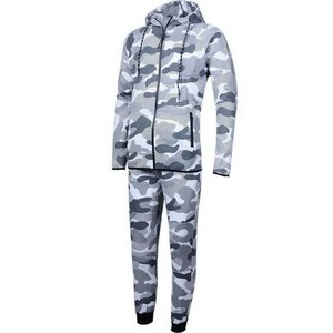 Men's Gray <b>Camouflage</b> <b>Tracksuit</b> Full Zip Hooded Casual Regular Fit Polyester Autumn Wear With Side Pockets - Product Image 3