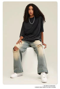 Camiseta desgastada vintage lavada con ácido de algodón pesado 100%, camiseta de calle con logotipo personalizado, camiseta de hip hop de gran tamaño para hombres - Product Image 2