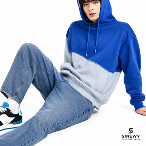 Sudadera con Capucha y Cremallera para Hombre SINEWY, Diseño Color Block, Felpa, Estilo Casual, para Otoño, 100% Algodón, Azul Grisáceo, con Bolsillos - Product Image 5