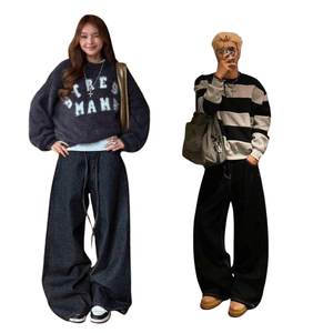 Custom Straight Baggy Men's Hip Hop Jeans Custom Logo Blank Streetwear Button Washed Distressed Organic Cotton Denim Fabric <b>Rope</b> - Product Image 5