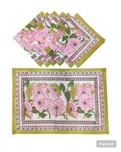 Juego de Manteles Individuales de Algodón Estampado a Mano con Diseño Floral y Borde Verde, Paquete de 6, Textil para el Hogar, Tejido Ecológico - Product Image 2