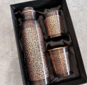 Distinctive dotted <b>hammered</b> copper bottles set, unique gold wire <b>loop</b> handles on leakproof caps, durable metal water storage. - Product Image 6