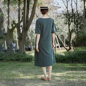 Robe mi-longue en coton et lin vert foncé pour femmes, manches courtes, coupe ample, confortable, décontractée, robe d'été - Product Image 5