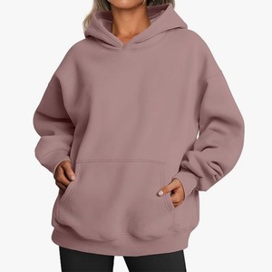 Sweat-shirt à capuche surdimensionné pour femme, couleur unie, en coton tricoté, molleton, manches régulières avec poches, vêtements décontractés d'automne - Product Image 4