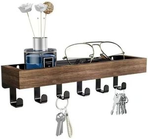 Porta llaves de pared con estante, organizador decorativo para correo y ganchos para llaves, de madera con accesorios de montaje, 9.64” de ancho x 2.36” de alto x 2.75” de largo - Product Image 1