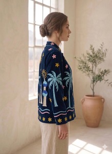 Mandarin Collar Velvet Embroidered Jacket Boho Tropical Print Long Sleeve Loose Fit Spring Outerwear Hand Embroidery <b>All</b> Season - Product Image 1