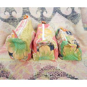 100% Pure Cotton Kantha Fabric Tassel Pattern Zipper Closure Eco-Friendly Durable Large Makeup Bag Pouch Set Soft Handle - Product Image 3