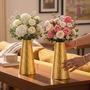 Vase à fleurs en métal martelé doré fait main, centre de table décoratif haut pour la maison, le salon, la salle à manger, le bureau, la décoration de mariage - Product Image 5