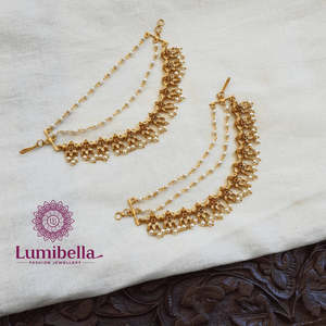 Vintage South Indian Brass Hoop Drop Earrings with Diamond and Pearl for Wedding Party - Product Image 1