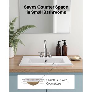 Lavabo rettangolare in ceramica bianca da 20,08 x 18,31 pollici con troppopieno, semi-incasso, per bagno, con 3 fori per rubinetto, stile a goccia - Product Image 2