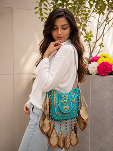 Real Leather Metallic Handbag Unique Banjara Style Sling Bag Leaf Shoulder Bag Indian Stylish Party Wear Bags - Product Image 1