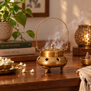 Vintage Brass Incense Burner Overhead Handle Carved Kettle Pot Censer Charcoal Bakhoor Holder Antique Dhoop Home Decor - Product Image 3