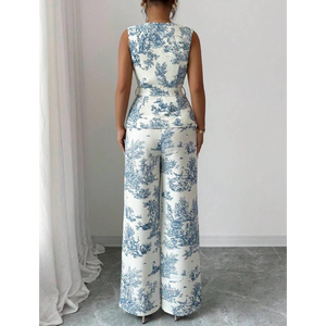 ชุดเซ็ตเสื้อเปปลัมพิมพ์ลายโทอิลสีน้ำเงินสุดหรูสำหรับผู้หญิง พร้อมกางเกงขายาวทรงกว้าง - Product Image 3