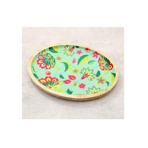 Round Wooden Handmade Eco-Friendly Durable Luxury Decorative <b>Plate</b> with Floral Pattern in Green and <b>Pink</b> for Serving or Display - Product Image 1