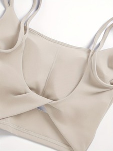 Women Twist Back Sports Bra Double Spaghetti Strap Scoop <b>Neck</b> Removable <b>Padded</b> Activewear Yoga Bralette Low Impact Crop Top - Product Image 5