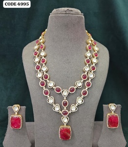 Gold Plated <b>Ruby</b> Pink Zircon Double Layer <b>Necklace</b> Set with Matching Earrings for Wedding Women's Jewelry Set For Women - Product Image 3