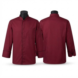 Chaqueta de Chef Unisex Premium de Polialgodón 200 GSM, Color Borgoña, Cuello Mao, Cierre Frontal con Broches Ocultos, Logotipo Bordado Personalizado, Manga Corta - Product Image 1