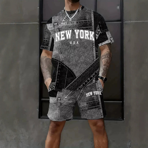 Camiseta de Moda Urbana Europea y Americana para Hombre, Top de Manga Corta, Pantalones Cortos, Traje Deportivo Informal de Verano, Imitación de Mezclilla, Cuello Redondo - Product Image 3