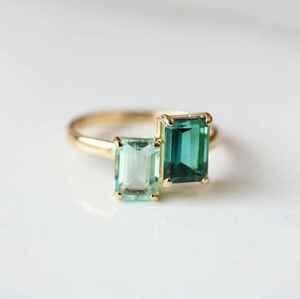 Emerald And Aquamarine Engagement Ring Two Stone Antique Engagement Ring 925 Silver 14k <b>Gold</b> Plated Gift - Product Image 1