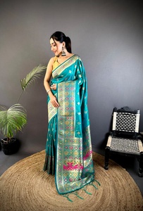 Turquoise Silk Blend Saree Zari Jacquard Banarasi Style <b>Sari</b> with Matching <b>Blouse</b> for Wedding Party Diwali - Product Image 4