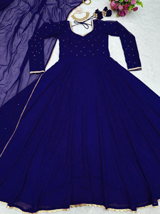 Traditional Indian Style Georgette with Diamond Work Anarkali Long Gown with Designer Dupatta & Long Sleeve Readymade (2pcs Set) - Product Image 3